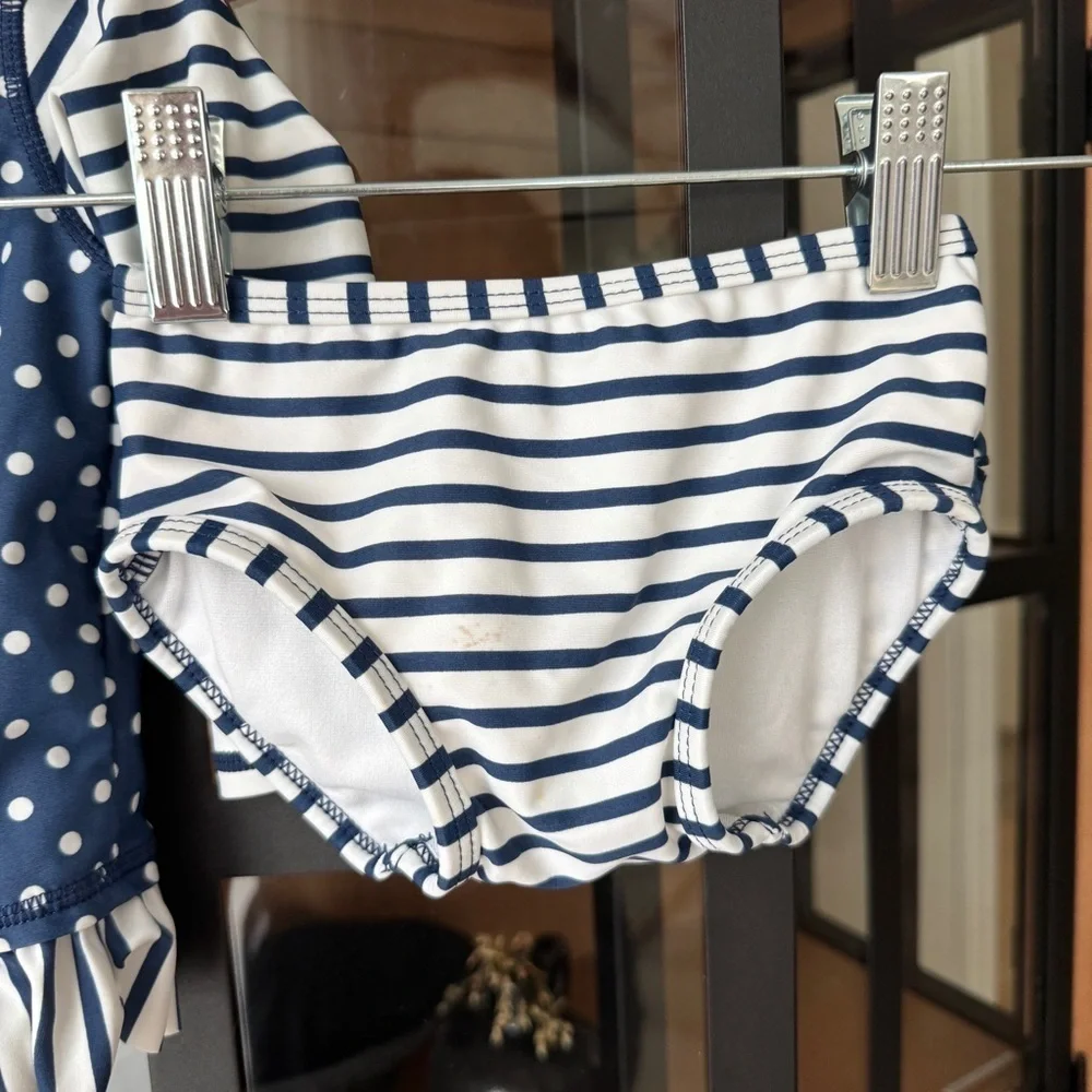 Rufflebutts rashguard swimsuit set ruffles bottoms long sleeve top navy striped